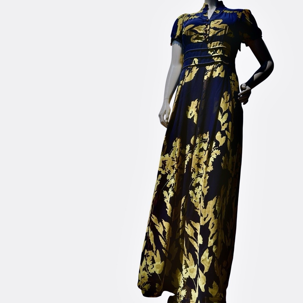 Marchesa Notte Maxi Dress 4 Navy Blue Yellow Flutter Bohemian Luxe Wedding Guest - Picture 16 of 16